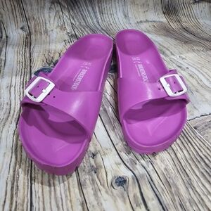 Birkenstock Fuchsia Slide Sandals with White Buckle